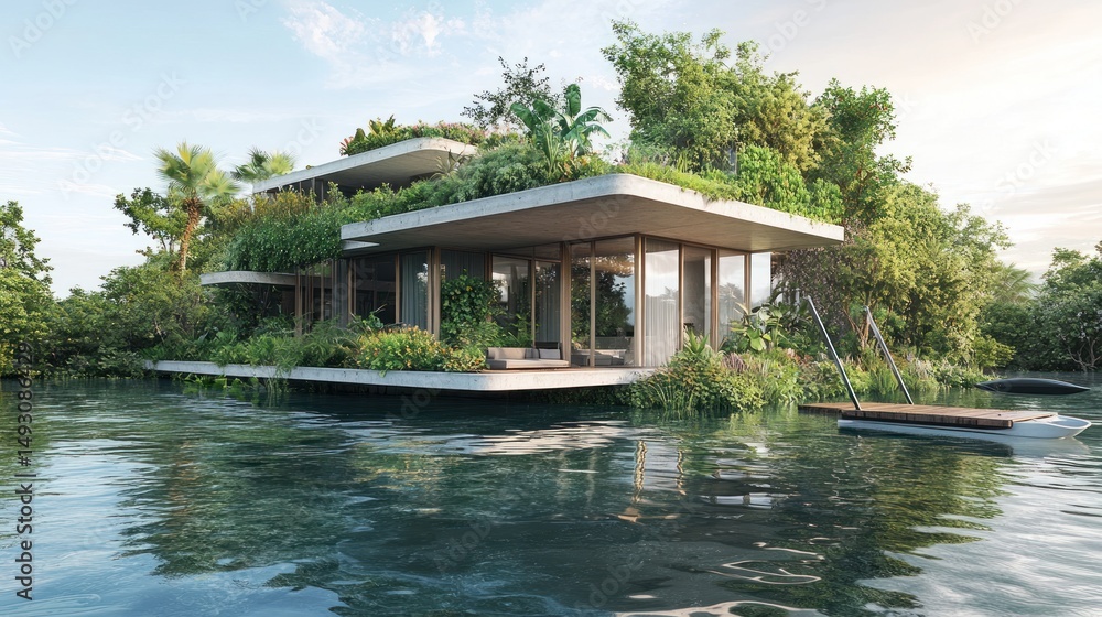 Obraz premium Eco-friendly floating home on tranquil waters. Lush greenery surrounds a modern, sustainable dwelling