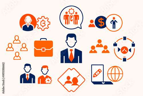 Business people icon set presents a vector illustration of a team, symbolizing communication and teamwork in an office concept