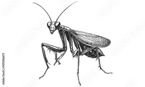 Trendy vintage mantis illustration in garden, hand-drawn insect in retro etching style, monochrome wildlife art, nature decor, black sketch engraving, antique botanical print,