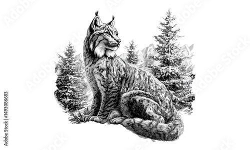 Black and white lynx in winter scene, hand-drawn wildcat in vintage style, old engraved snow forest wildlife illustration, trendy monochrome art, woodland animal home print,