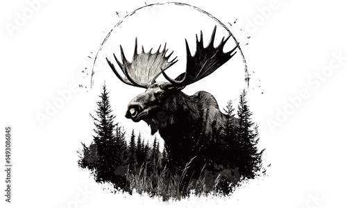 Hand-drawn Moose in Forest, Monochrome Wildlife Etching, Old Engraving Style Vintage Sketch, Nature Art Print, woodland creature wall art, rustic lodge decor, forest landscape drawing