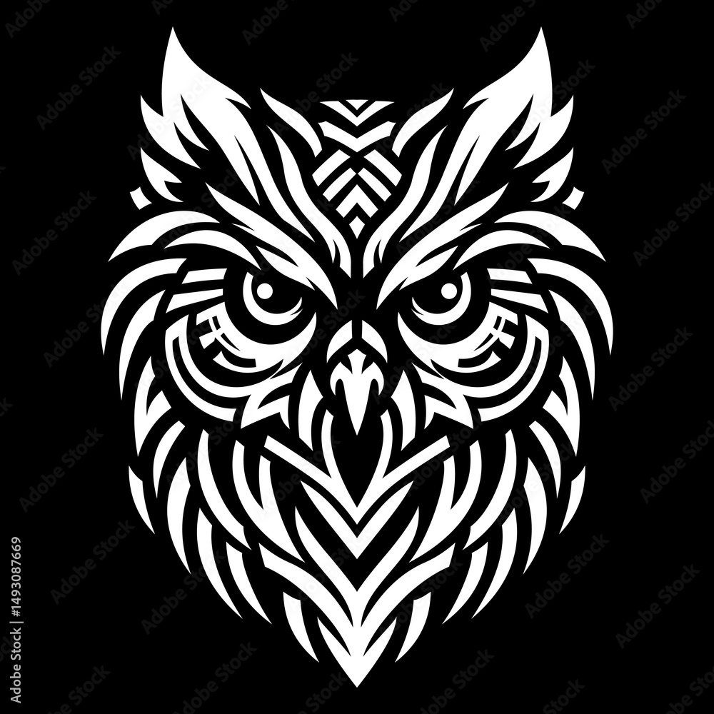 Fototapeta premium Tribal Owl Head Illustration Tribal Owl Head Vector Illustration - Stylized Black and White Owl Design for Logos, Tattoos, or Prints