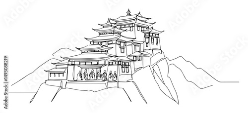 tibetan monastery on mountain minimal line vector illustration