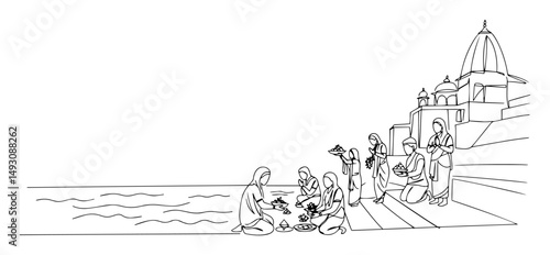 ghats and people at river in india minimal line vector