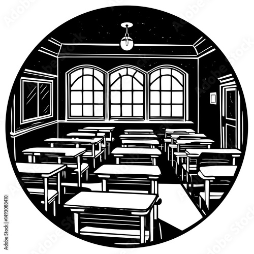 Empty vintage classroom with desks and windows