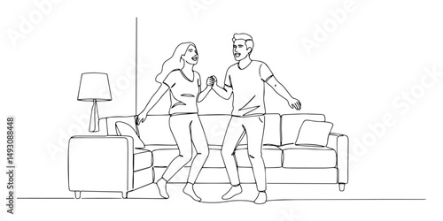couple dancing happily in living room monoline shape vector