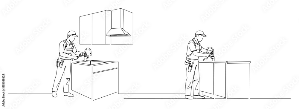 Obraz premium plumbers installing kitchen faucet monoline shape vector