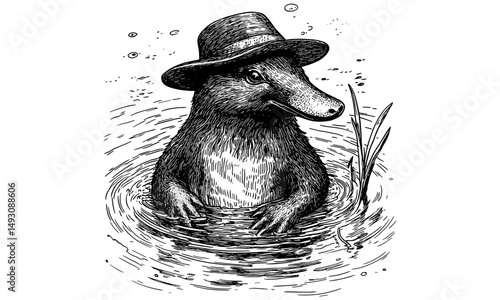 Platypus Vintage Illustration, Monochrome Hand-drawn Mammal, River Wildlife Etching, Old Engraving Style, Black Sketch, Australian Animal Art, nature inspired décor, trendy natural history art