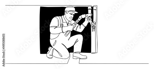 plumber fixing pipe inside wall cavity monoline shape vector