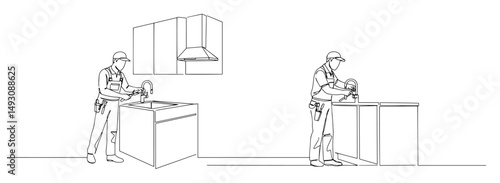 plumbers installing kitchen faucet monoline shape vector