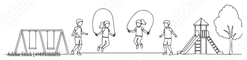 group of kids skipping rope at playground monoline shape vector