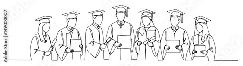 students celebrating graduation in gowns and caps abstract line art vector