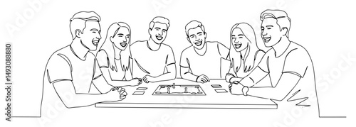 group of friends playing board game and laughing abstract continuous line vector drawing in minimalist modern black style
