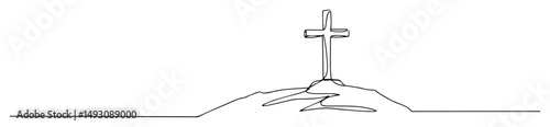 christian cross on hill under sky abstract continuous-line silhouette