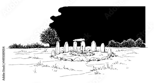 ancient stone circle monument in landscape abstract single-stroke graphic design