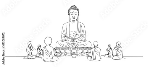 buddha statue with meditating monks abstract continuous line art in a vector format with a simple black outline