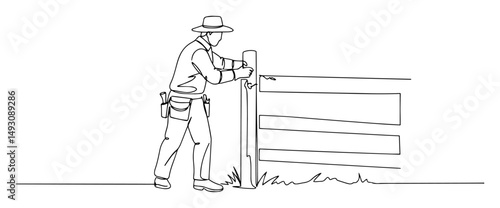 farmer opening fence gate on rural land abstract line art vector