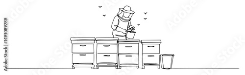 beekeeper working with hives in apiary abstract monoline drawing clean modern vector line art