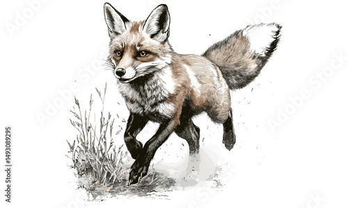 Vintage red fox running illustration, hand-drawn forest animal, monochrome wildlife sketch, retro animal art, black sketch, old engraving style, forest decor, nature drawing, rustic wall art