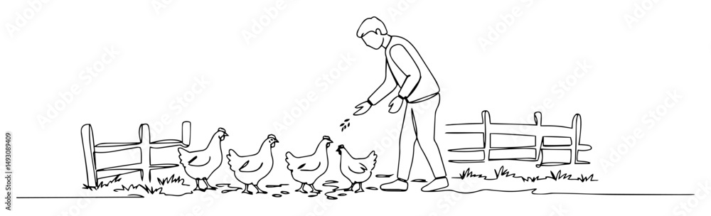 Fototapeta premium person feeding chickens in farmyard abstract continuous line vector drawing in minimalist modern black style