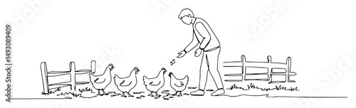 person feeding chickens in farmyard abstract continuous line vector drawing in minimalist modern black style