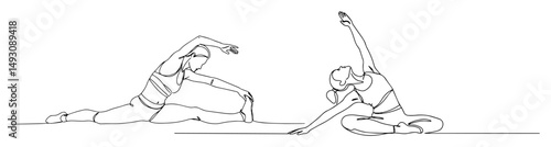 women stretching together in yoga pose abstract linear design