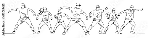 hip hop dance group in sync abstract continuous line vector drawing in minimalist modern black style