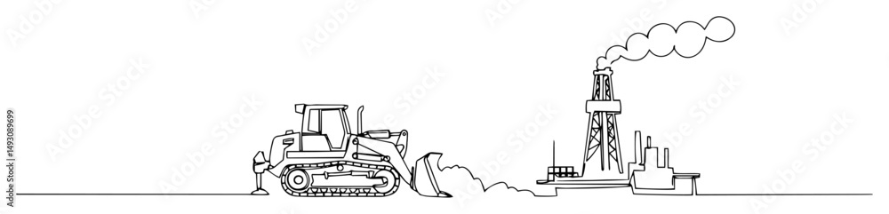 Naklejka premium bulldozer working near oil rig and refinery abstract continuous line vector drawing in minimalist modern black style
