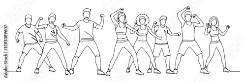 group aerobic workout with dynamic poses abstract linear design