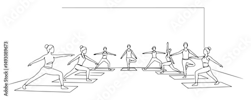 yoga class with women practicing poses on mats abstract continuous line vector drawing in minimalist modern black style