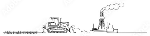 bulldozer working near oil rig and refinery abstract continuous line vector drawing in minimalist modern black style