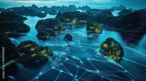 Island network at twilight.  Digital connections
