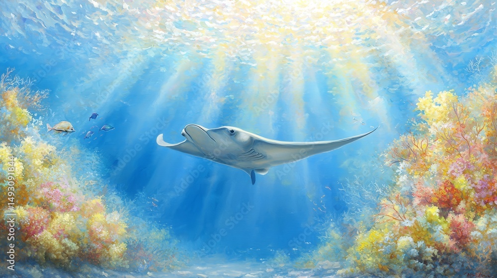 Fototapeta premium Majestic manta ray painting serene underwater journey through the deep blue ocean