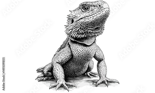 Bearded Dragon Lizard Vintage Sketch, Hand-drawn Reptile Etching, Monochrome Desert Animal Art, Retro Illustration Style, Old Ink Drawing, black and white reptile sketch,