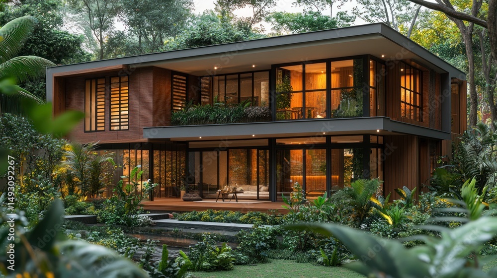 Fototapeta premium Modern tropical home nestled in lush greenery