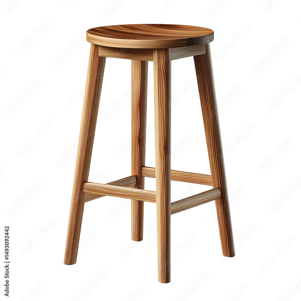 Wooden bar stool against a clean backdrop. The stool showcases a classic design with a round seat and sturdy legs Wooden bar stool against a clean backdrop. The stool showcases a classic design with a round seat and sturdy legs