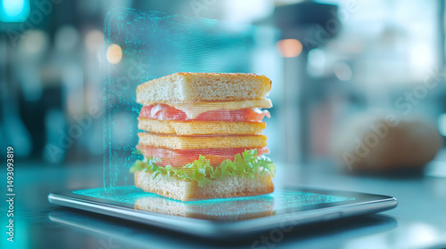 Futuristic Sandwich Display on Digital Device with Vibrant Ingredients