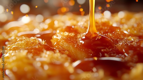 Sweet syrup cascading over a delicious dessert of golden brown color