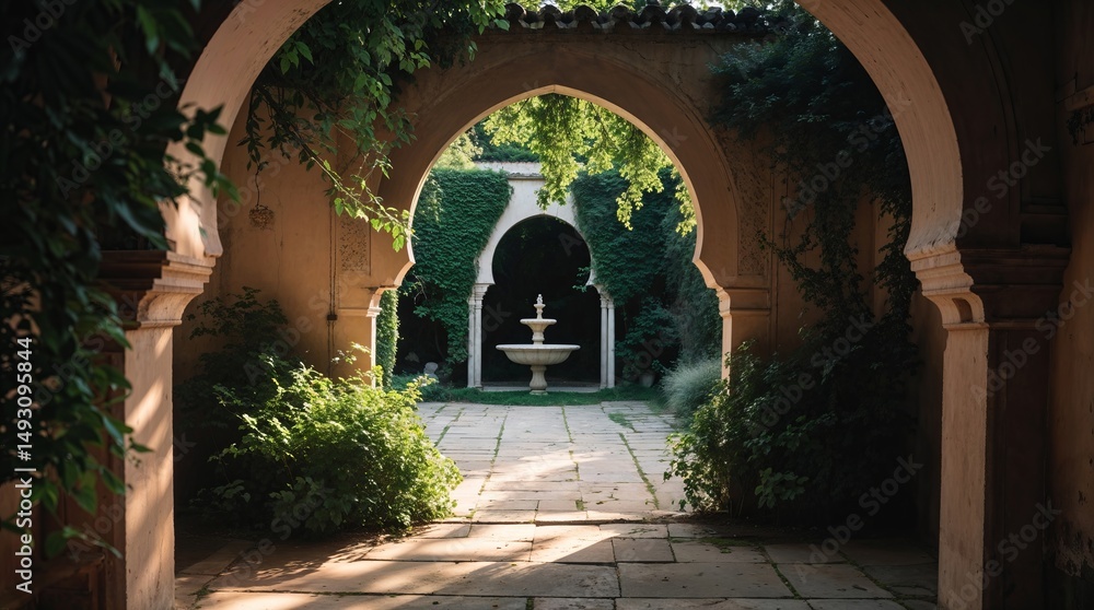 Fototapeta premium Serene garden courtyard with fountain framed by arches at golden hour in a lush green environment