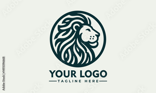 Stylized lion head with flowing mane enclosed in circular ornamental frame in detailed line design. Animal concept
