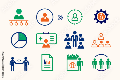 This set features flat vector business and people icons, a web design concept with social media, marketing, and communication symbols