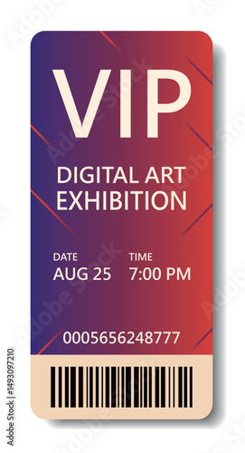  Vector modern bright vertical VIP ticket with vibrant gradient, date, barcode. Use design template for digital art exhibitions, NFT, concerts, festivals, parties and exclusive premium events