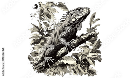 Vintage hand-drawn iguana sketch resting on branch, antique reptile engraving, retro jungle animal illustration, monochrome wildlife drawing, old engraving style, exotic fauna art