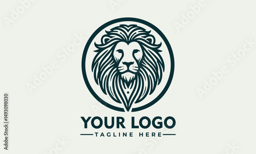 Stylized lion head with flowing mane enclosed in circular ornamental frame in detailed line design. Animal concept
