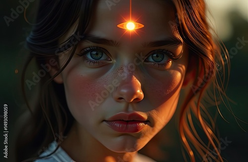 Young woman with captivating eyes and glowing third eye symbol on forehead, illuminated by soft light, showcasing an ethereal and mystical atmosphere, representing inner vision and spiritual awakening