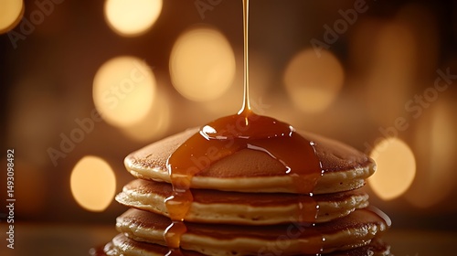 Syrup Pouring Onto A Stack Of Golden Brown Fluffy Pancakes
