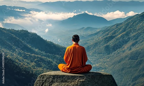 Tibetan monk meditating at the edge of high cliff. beautiful view of valley with river at the background