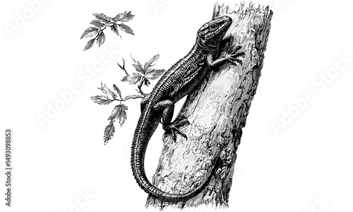 Hand-drawn reptile line art, vintage lizard on tree engraving, monochrome fauna etching, rustic animal sketch, detailed nature illustration, old engraving style, nature lover gift idea