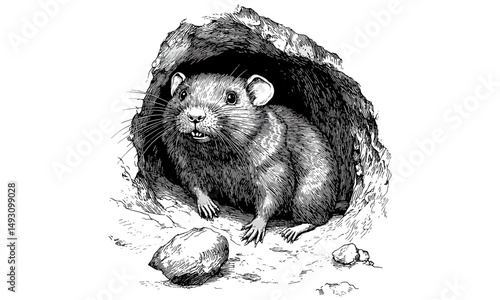 Antique vintage mole rat engraving, black sketch rodent illustration, hand-drawn wildlife etching, retro nature artwork, old engraving style, trendy scientific illustration, monochrome art