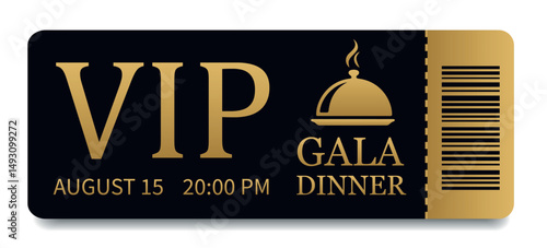  VIP Gala Dinner Ticket with Gold Embossing and Barcode. Vector Luxury Black Ticket with Logo. Elegant Design for Dinner, Events, Shows, Concerts, Exclusive Parties and Premium Access